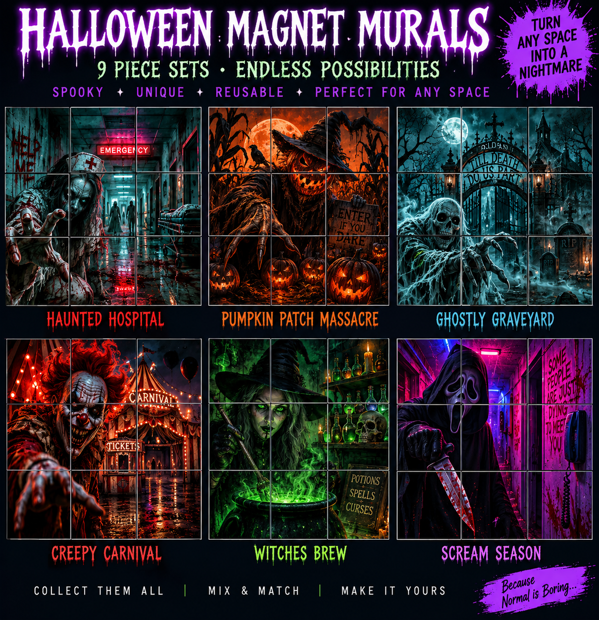 Holographe Halloween Magnet Murals collection reference showing all six available designs